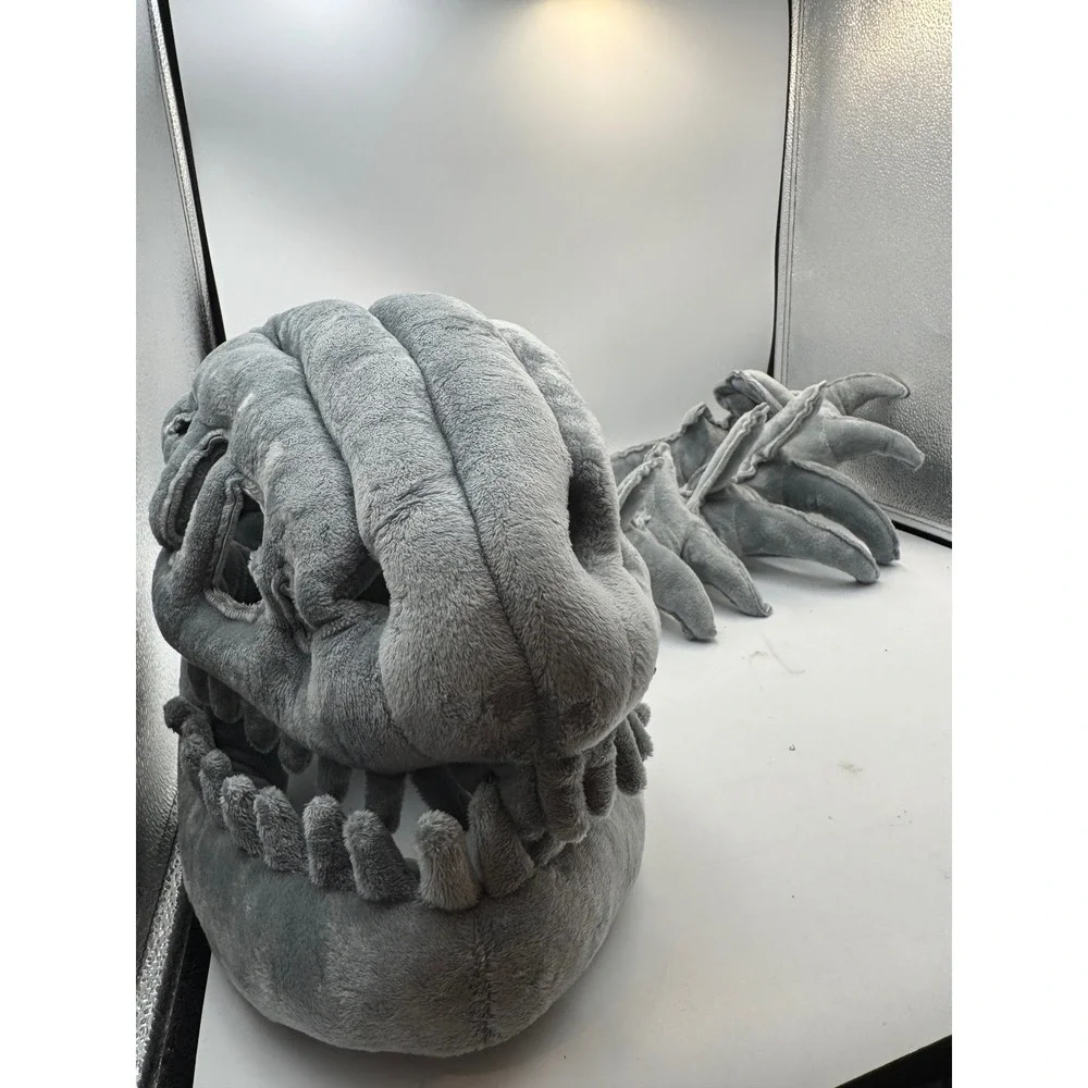 Gray Plush Dinosaur Fossil T-Rex Skull Mask and Spiked Tail Costume  Unisex 45in
